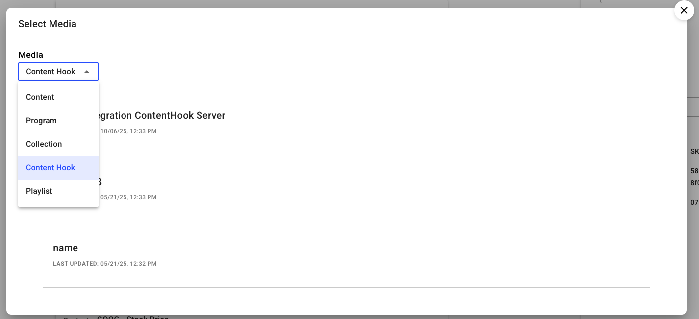 Dropdown menu displaying various media options including Content Hook and Playlist.